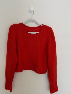 Anthropologie Vibrant Red Puff-Sleeve Crewneck Sweater